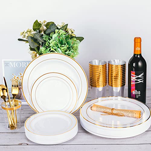 N9R 150PCS Gold Plastic Plates with Plastic Cutlery Set and Cups, Disposable Silverware include 25 Dinner Plates, 25 Dessert Plates, 25 Forks, 25 Knives, 25 Spoons, 25 Cups for Party and Wedding