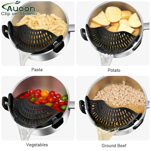Amazon Large AUOON Clip on Strainer for All Pots and Pans - Oversized Silicone Pot Strainer Family-Style Design Pasta Strainer Kitchen Colander for Spaghetti and Noodles | Dishwasher Safe