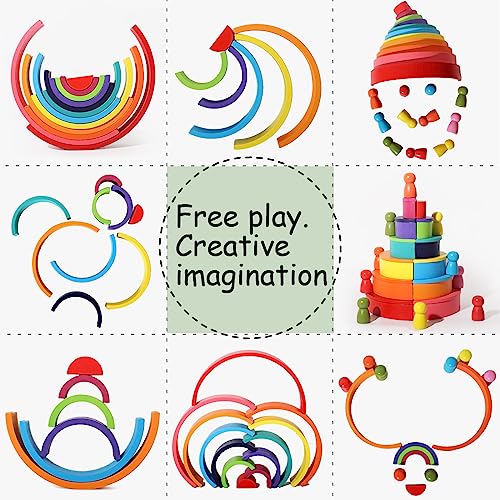 SHIERDU 45-Piece Wooden Rainbow Stack Set, 4-in-1 Building Blocks preschoolers Early Development & Activity Toys Montessori Toys for Kids 3, 4, 5, 6 Years and Older Gifts for Boys and Girls