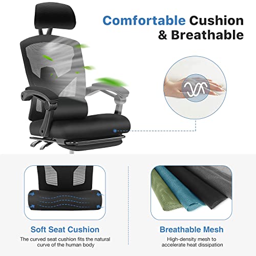 AFO Ergonomic Office Chair, High Back Office Chair with Lumbar Pillow & Retractable Footrest, Mesh Office Chair with Padded Armrests and Adjustable Headrest, Height Adjustable, Dark Black (WY-9053-BK)