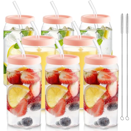 HOMBERKING Glass Cups with Silicone Lids 8pcs Set, 20oz Can Shaped Glass Cups with Straws, Beer Glasses, Iced Coffee Cups, Cute Tumbler Cup with Cleaning Brushes, Ideal for Cocktail, Tea, Gift, Pink