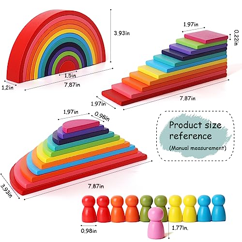 SHIERDU 45-Piece Wooden Rainbow Stack Set, 4-in-1 Building Blocks preschoolers Early Development & Activity Toys Montessori Toys for Kids 3, 4, 5, 6 Years and Older Gifts for Boys and Girls