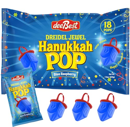 Hanukkah Dreidels Jewel Pop Ring Shape Candy - Blue Raspberry 18 Count Individually Wrapped Dreidel - Hanukah Decorations Kosher Candy Party Favor For Kids - Chanukah Gift Bags