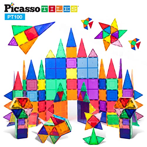 PicassoTiles 100 Piece Set 100pcs Magnet Building Tiles Clear Magnetic 3D Building Blocks Construction Playboards, Creativity beyond Imagination, Inspirational, Recreational, Educational Conventional