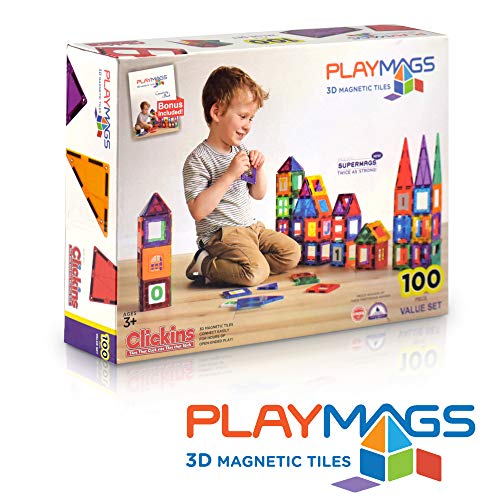 Playmags 100-Piece Magnetic Tiles Building Blocks Set, 3D Magnet Tiles for Kids Boys Girls, Educational STEM Toys for Toddlers…