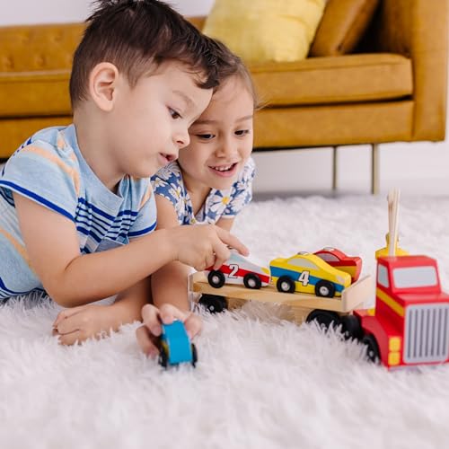 Amazon Melissa & Doug Magnetic Car Loader Wooden Toy Set with 4 Cars and 1 Semi-Trailer Truck Crane Wooden Toy, Vehicle Toys for Kids Ages 3+