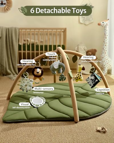 Blissful Diary Baby Play Gym & Activity Mat, Oversize Leaf Shaped Baby Play Mat w 6 Detachable Toys, Tummy Time Mat Promote Motor Skills & Sensory Development Mat, Newborn Infant Baby Essentials Gift