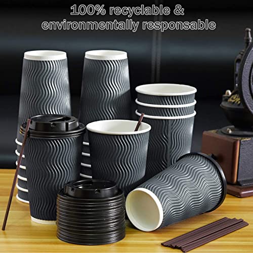 Disposable Paper Coffee Cups with Lids, 90 pack 16 oz Ripple Wall Paper Cups, Corrugated Insulated To Go Cups for Cold Beverage, Recyclable Takeaway Hot Drinking Cups for Home Kitchen Cafe Parties