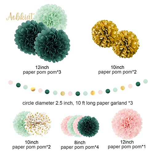 AOBKIAT Wedding Birthday Party Decorations Set,15PCS Sage Green Pink Tissue Paper Pompoms Circle Dots Paper Garland String Hanging Backdrop for Baby Shower, Boho Bridal Wedding Theme Decor