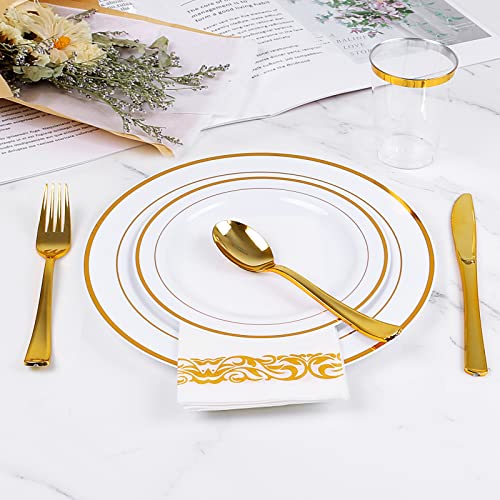 Gold Plastic Party Plates, MCIRCO 100 Pieces, Disposable for Weddings, Premium Heavy Duty Gold Rim Plates, Include 50 10.25 Inch Dinner Plates and 50 7.5 Inch Dessert Appetizer Plates