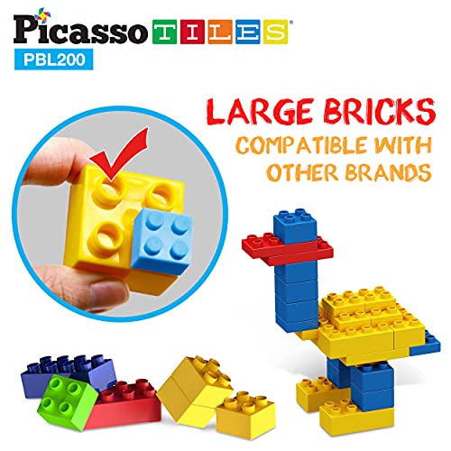 PicassoTiles 200 Piece Large Construction Brick Building Blocks STEM Bricks Toy Set Creative Learning Early Education Playset 5 Colors 4 Unique Shapes Mix & Match Toys for Kids Boys Girls Child Age 3+