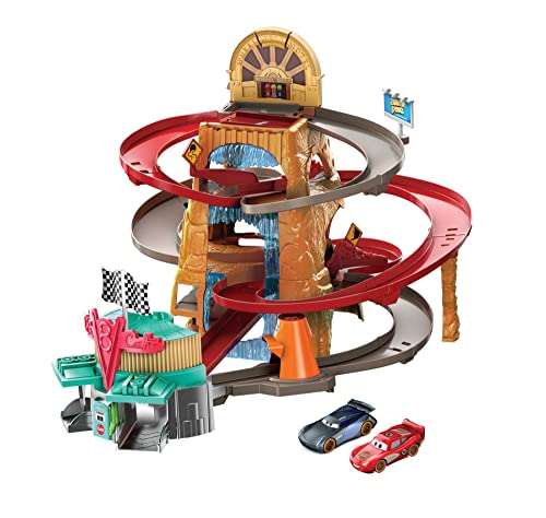 Disney Cars Toys and Track Set, Radiator Springs Mountain Race Playset with 2 Toy Cars, Launcher & Winning Flag