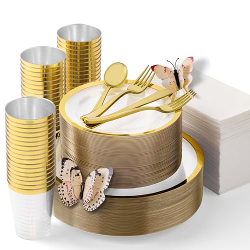 Clip coupon - By Madee HEAVYWEIGHT 400 Pcs Clear and Gold Plastic Plates for Party 50 Guests | High End Disposable Plates, Silverware, Napkins & Cups | Fancy Disposable Dinnerware Set | Gift of 3D Butterflies