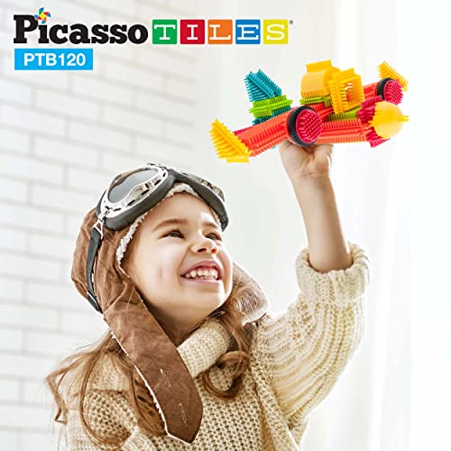 PicassoTiles PTB120 pcs Bristle Shape 3D Interlocking Building Blocks Accessories Tiles Construction Toy Set Learning Playset STEM Toy Set Educational Kit Child Development Preschool Kindergarten Toy