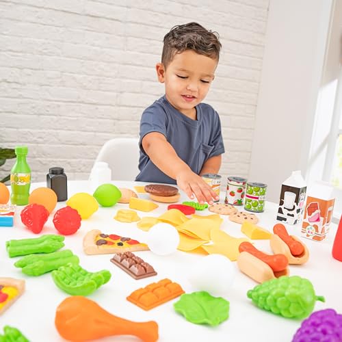 KidKraft 115-Piece Deluxe Tasty Treats Pretend Play Food Set, Plastic Grocery and Pantry Items, Gift for Ages 3+