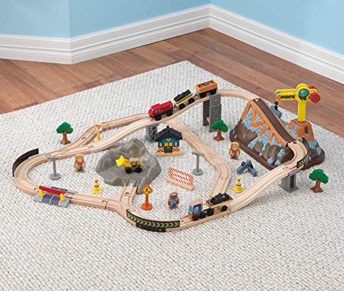 KidKraft Bucket Top Construction Wooden Train Set with Bulldozer, Working Crane, Tracks, Storage and 61 Play Pieces, Gift for Ages 3+