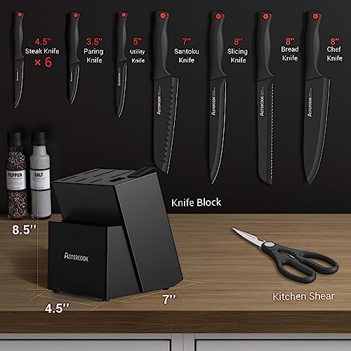 Knife Set, Astercook 15 Pieces Knife Sets for Kitchen with Block, Dishwasher Safe Kitchen Knife Set with Built in Sharpener Block, German Stainless Steel Knife Block Set, Black