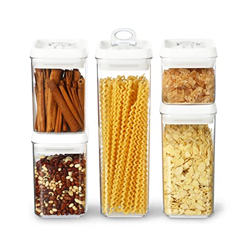 Felli Flip Tite Airtight Food Storage Container 5pk Set Lid 4” REGULAR Seal Stackable Plastic Canister Jar, Kitchen Cupboard Pantry Organizer, Spice Pasta Snack Candy Bean Christmas Gift for Women Mom