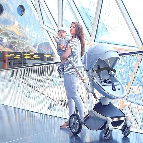 Hot Mom Baby Stroller 360 Degree Rotation Function, Pu Leather Baby Bassinet and Seat Combo Pushchai & Pram, Grey