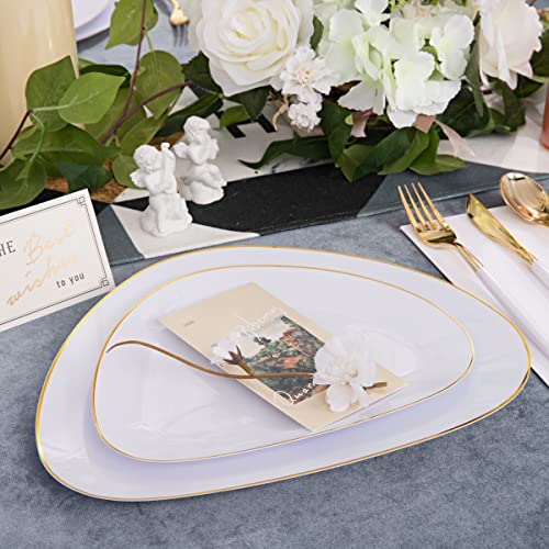 supernal 60pcs White Gold Plastic Plates,Gold Plastic Dinnerware Plates,Triangular Gold Plates,includes 30 Gold Plates and 30 Dessert Plates for Wedding and Parties