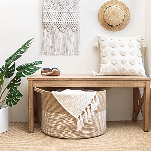 INDRESSME Extra Large Woven Baskets for Storage, 21.7'' x 13.8'' Wicker Basket with Handle for Blankets, Big Laundry Baskets for Clothes, Pillows, Towel, Shoe Basket for Entryway, 90L White Jute