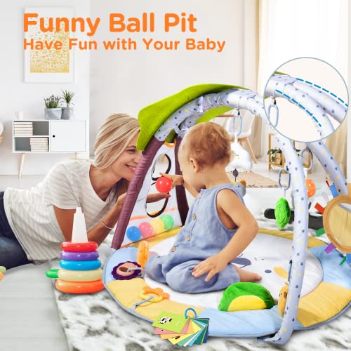 Lupantte Baby Gym Play Mat with 9 Toys for Sensory and Motor Skill Development Language Discovery, Thicker Non-Slip Activity Ball Pit, Green Tree Newborns, Babies to Toddlers as Gift