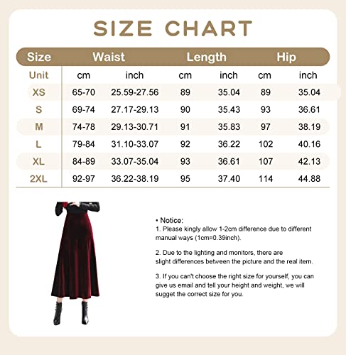 ebossy Womens Vintage Elastic High Waist Pleated Velvet Skirt Winter Warm Thicken Flowy Swing A-line Mid Skirt