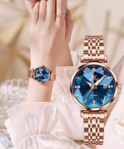 OLEVS Rose Gold Watches for Women, Stainless Steel Band, Quartz Small Face Waterproof Watches, Fashion Luxury Classic Wrist Watch with Date, Ladies Diamonds Watch Red/Blue/White Dial