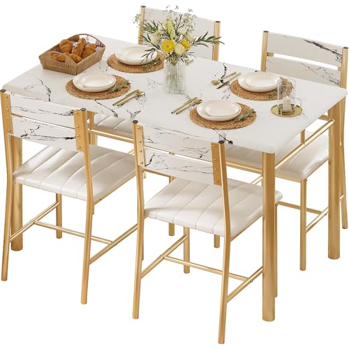 Amazon IRONCK Dining Table Set for 4, Wood Kitchen Table with Upholstered Chairs for Kitchen & Dining Room, Compact Dining Set for Small Spaces, White & Gold