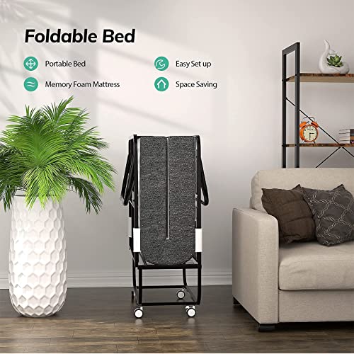 Foxemart Folding Bed with Mattress Portable Foldable Guest Beds Cot Size Rollaway Beds for Adults with Luxurious Memory 5 Inch Foam Mattress and Super Sturdy Frame, 75 x 31 Inch