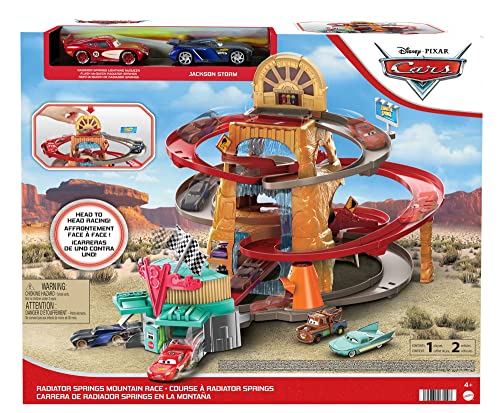 Disney Cars Toys and Track Set, Radiator Springs Mountain Race Playset with 2 Toy Cars, Launcher & Winning Flag