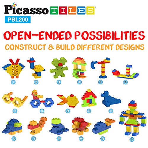 PicassoTiles 200 Piece Large Construction Brick Building Blocks STEM Bricks Toy Set Creative Learning Early Education Playset 5 Colors 4 Unique Shapes Mix & Match Toys for Kids Boys Girls Child Age 3+