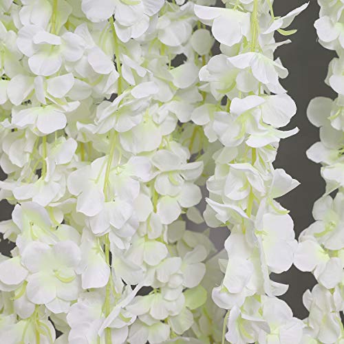 GPARK 12 Pack /45 inch /3.7ft Wisteria Hanging Artificial Flowers Fake Bushy Silk Vine Garland String for Wedding Party Garden Greenery Home Wall Deco Milk White