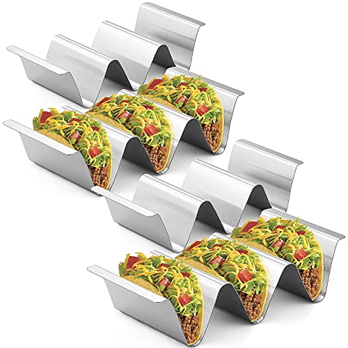 RTT Taco Holder Stand,Set of 6 Stainless Steel Taco Tray,Stylish Taco Shell Holders, Rack Holds Up to 3 Tacos Each Keeping Shells Upright, Health Material Taco Rack Oven,Grill and Dishwasher Safe