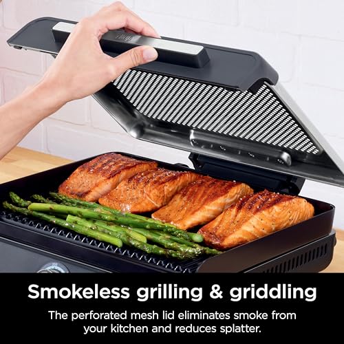 Ninja GR101 Sizzle Smokeless Indoor Grill & Griddle, 14'' Interchangeable Nonstick Grill and Griddle Plates, Dishwasher-Safe Removable Mesh Lid, 500F Max Heat, Even Edge-to-Edge Cooking, Grey/Silver