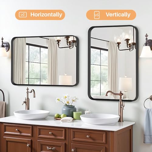 Amazon Bathroom Mirror for Wall, 30x22 Inch Rounded Rectangle Mirror, Black Metal Framed Bathroom Vanity Mirror for Restroom Farmhouse, Anti-Rust, Tempered Glass, Horizontally or Vertically Hanging