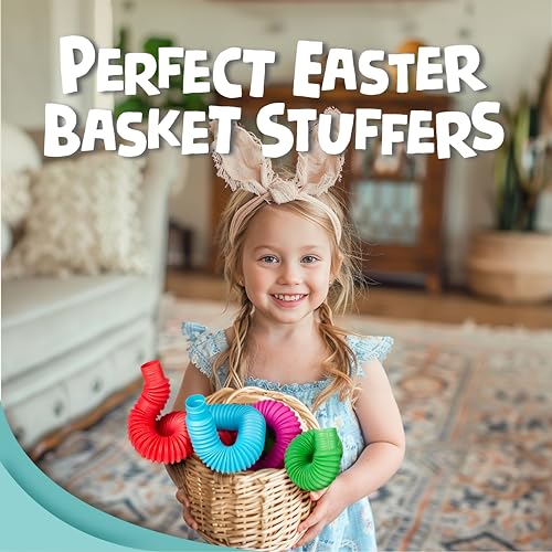BUNMO Easter Basket Stuffers Pop Tubes Large 4pk | Hours of Fun for Kids | Imaginative Play & Stimulating Creative Learning | Toddler Sensory Toys | Tons of Ways to Play | Stretch, Twist & Pop
