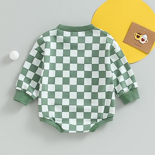 Karuedoo Baby Boy Girl Checkered Sweatshirt Romper Oversized Long Sleeve Bubble Romper Top Neutral Baby Fall Clothes