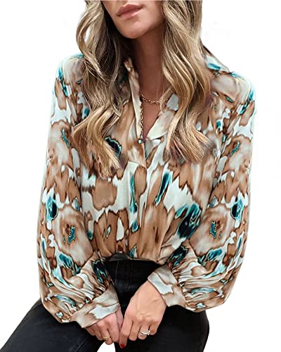 BTFBM Women's Casual Boho Blouse Tops Abstract Print V Neck Loose Lantern Long Sleeve 2023 Summer Fall Blouses Shirts