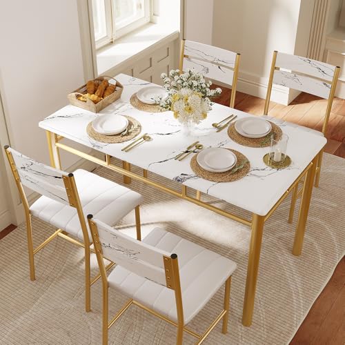 Amazon IRONCK Dining Table Set for 4, Wood Kitchen Table with Upholstered Chairs for Kitchen & Dining Room, Compact Dining Set for Small Spaces, White & Gold