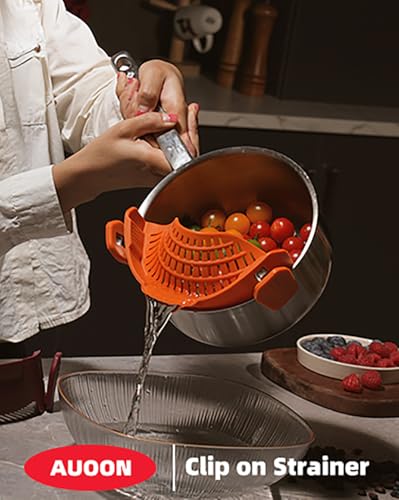 Amazon Large AUOON Clip on Strainer for All Pots and Pans - Oversized Silicone Pot Strainer Family-Style Design Pasta Strainer Kitchen Colander for Spaghetti and Noodles | Dishwasher Safe