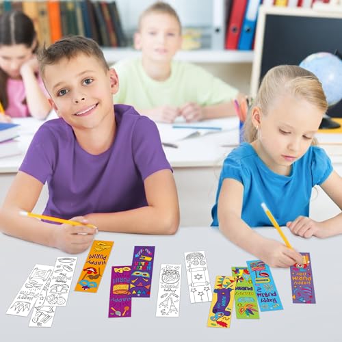 75Pcs Purim Color Your Own Bookmarks Happy Purim DIY Coloring Blank Bookmark Classroom Art Craft Supplies for Teachers Students Jewish Purim Carnival Holiday Party Gift Supplies Reward Goodie Fillers