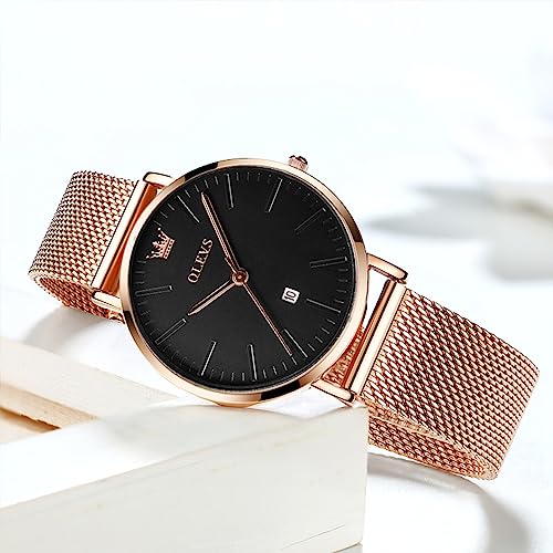 OLEVS Women's 6.5mm Ultra Thin Watch Silver, Rose Gold Stainless Steel Watch with Date, Quartz Analog Waterproof Mesh Bracelet Ladies Watch Small Wrist