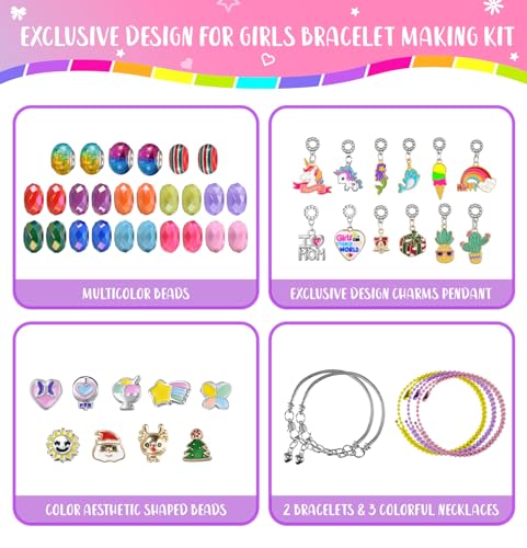 Girls Charm Bracelet Making Kit - Kids Unicorn Charms Bracelets Kits Jewelry Supplies Make Set DIY Art Craft Set Creative Birthday Gifts for 3 4 5 6 7 8 Year Old Girl Little Children Girl Toys Age 6-8