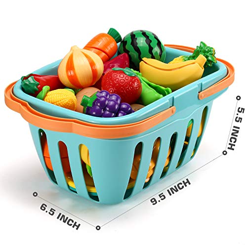 70 PCS Cutting Play Food Toy for Kids Kitchen, Pretend Fruit &Vegetables Accessories with Shopping Storage Basket, Plastic Mini Dishes and Knife, Educational Toy for Toddler Children Birthday Gift