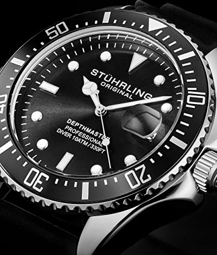 Stuhrling Original Men's Watch Dive Watch Silver 42 MM Case with Screw Down Crown Rubber Strap Water Resistant to 330 FT