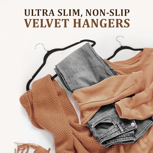 Premium Velvet Hangers 50 Pack with 10 Plastic Hangers, Heavy Duty Study Black Hangers for Coats, Pants Dress,Non Slip Clothes Hanger Set,Space Saving Felt Hangers for Clothing