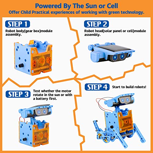 Sillbird STEM Projects 12 in 1 Solar Robot Toys for Kids, 190 Pieces Solar and Cell Powered Dual Drive Motor DIY Building Science Learning Educational Experiment Kit, Gift for Boys Girls Aged 8-12