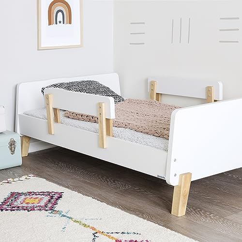 Muse Toddler Bed with Removable Rails – Toddler and Kids Bed Set Fits Standard Crib Mattress, Holds up to 50 Lbs. – Modern, Easy-to-Assemble, 55.15x 31.26x17.95 in, White + Natural