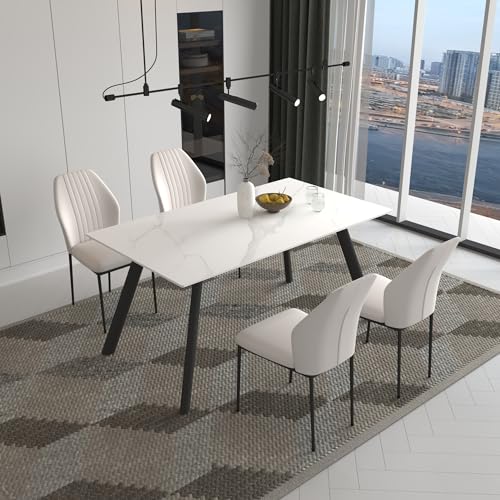 Zerifevni Dining Table Set for 6, Modern White Dining Table Sintered Stone Rectangula Table & 6 Dining Chairs (1 Table 6 Beige Chairs)